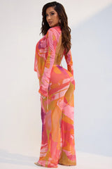 Summer Muse Cowl Neck Mesh Cover Up Pants Set - Orange/combo
