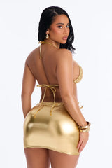 Gaia 3 Piece Metallic Bandeau Bikini & Skirt Set - Gold