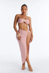 See Me Shimmer Hardware High Slit 3 Piece Bikini Skirt Set - Rose