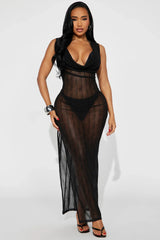 Summer Wave Textured Mesh Cowl Neck Cover Up Maxi Dress - Black