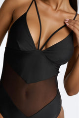 Nika 1 Piece Mesh Cutout Triangle Swimsuit - Black