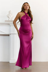 Crowned Nights Satin Halter Maxi Dress Plum