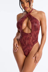 Keep Me Close Halter Neck 1 Piece Swimsuit - Brown/combo