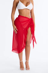 Beach Vibes Maxi Ruffle Trim Waist Tie Swim Cover Up Sarong - Red
