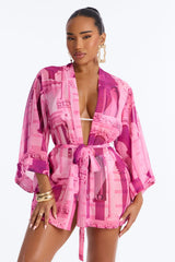 Enjoy The Waves Novelty Swim Cover Up Kimono - Pink