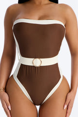 Sunny Days Colorblock Hardware Strapless 1 Piece Swimsuit - Brown/combo