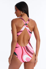 Coconuts For CocoCay Abstract Scoop 1 Piece Swimsuit - Pink/combo