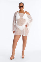 Sarah Textured Long Sleeves Off Shoulder Swim Cover Up Top - White