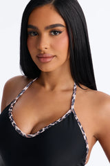 Callista 1 Piece Leopard Contrast Trim Swimsuit & Micro Mini Skirt Set - Black