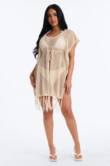 Umbrella In My Cup Tassel Trim Crochet Swim Cover Up Dress - Tan