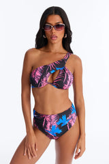 Nothing Like The Tropical Floral Underwire One Shoulder High Waist Maxi 3 Piece Bikini Kimono Set - Purple/combo