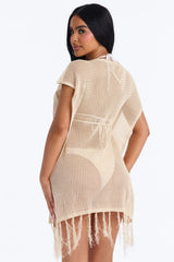 Umbrella In My Cup Tassel Trim Crochet Swim Cover Up Dress - Tan