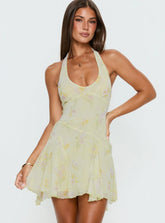 Isidorah Halter Pleat Mini Dress Yellow Floral