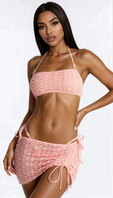 Textured Swirl 3 Piece Halter Bandeau Bikini & Mini Cover Up Skirt Sunsuit - Pink/combo