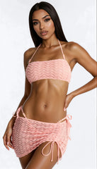 Textured Swirl 3 Piece Halter Bandeau Bikini & Mini Cover Up Skirt Sunsuit - Pink/combo