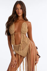 Just Beachy Crochet Fringe Trim 2 Piece Sunsuit Set - Brown