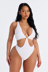 Some Beach Somewhere Textured O-Ring Back Tie 1 Piece Swimsuit - White