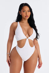 Some Beach Somewhere Textured O-Ring Back Tie 1 Piece Swimsuit - White