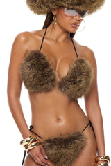 Zaria Faux Fur 3 Piece Bikini Set - Brown
