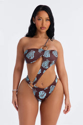 Reality Can Wait 1 Piece Tropical Asymmetrical Cut Out Swimsuit - Brown/combo