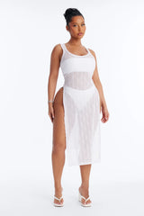 Live In The Moment Mesh Cover Up High Slit Dress - White