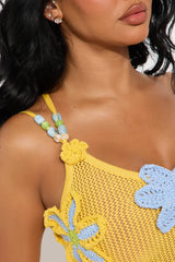 Spring Love Crochet One Shoulder Floral Cover Up - Yellow/combo