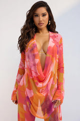 Summer Muse Cowl Neck Mesh Cover Up Pants Set - Orange/combo