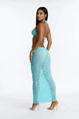 Nicolette 3 Piece O-Ring Bikini & Cover Up Lace Maxi Skirt Sunsuit - Blue