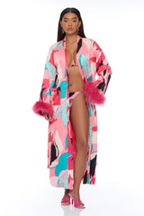 Eyes On Me Satin Kimono Bikini 4 Piece Set - Pink/combo