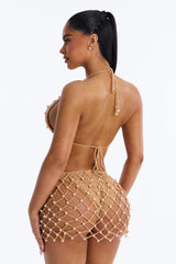 Kendra Crochet Pearls 3 Piece Bikini Skirt Set - Taupe