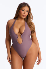 Shore Hips Hardware Scoop High Leg 1 Piece Swimsuit - Mocha