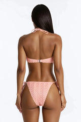 Textured Swirl 3 Piece Halter Bandeau Bikini & Mini Cover Up Skirt Sunsuit - Pink/combo