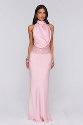 Gossip And Glitter Halter Satin Maxi Dress Blush