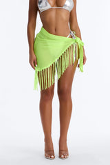In The Tropics Mesh Fringe Swim Cover Up Sarong - Neon Yellow