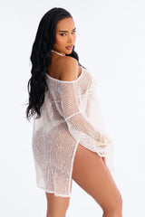 Sarah Textured Long Sleeves Off Shoulder Swim Cover Up Top - White