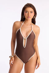 Gone To The Beach Contrast Charm Trim 1 Piece Swimsuit - Brown