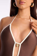 Gone To The Beach Contrast Charm Trim 1 Piece Swimsuit - Brown