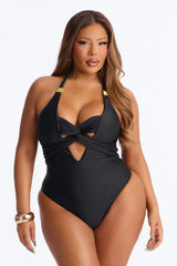 Sand Castle Twisted Cut Out Hardware 1 Piece Swimsuit - Black