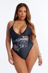 Ed Hardy Roses & Panther 1 Piece Swimsuit - Black
