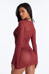 Clare Textured Long Sleeve O-Ring Swim Cover Up Dress - Burgundy