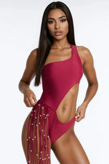 Wendy Fringe Cut Out 1 Piece Swimsuit - Burgundy