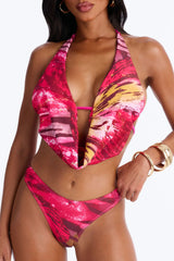 Going Coconuts Abstract Animal Sheer Sleeveless Slit 4 Piece Bikini Top Skirt Set - Pink/combo