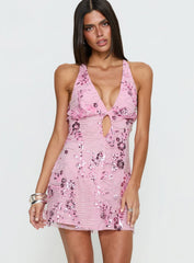 Steffie Beaded Backless Mini Dress Pink