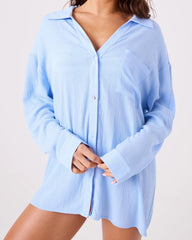 Solid Crinkle Long Sleeve Cover Up Camp Shirt