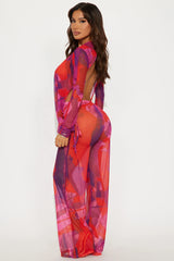 Summer Muse Cowl Neck Mesh Cover Up Pants Set - Red/combo