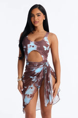 Monarch Wave Stretch 1 Piece Butterfly Tie Dye Front Cut Out Swimsuit With Sarong - Brown/combo