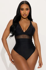 Take A Dip Mesh Cutout Tummy Control 1 Piece Swimsuit - Black