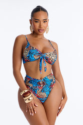 Unstoppable Wild Paradise Animal Front Tie Ruching High Waist Midi 3 Piece Bikini Komono Set - Blue/combo