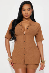 Summer Breeze Button Up Cover Up Shorts Set - Mocha
