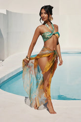 Mina Bandeau Halter Chiffon Sarong 3 Piece Bikini Set - Yellow/combo